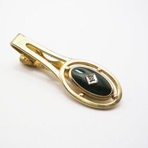 Vintage Tie Clip Bar gold tone Anson black Onyx Diamond Chip
